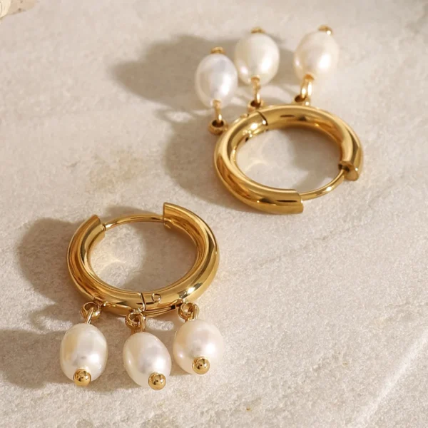 Dainty Jewelry 18k Gold Plated Stainless Steel Pearl Charm Hoop Earrings Women Freshwater Pearl Huggie Hypoallergenic  Earings - Image 5