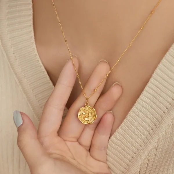 Tarnish Free Jewelry 18k Gold Plated Engraved Cherry Flower Coin Necklaces Stainless Steel Bead Chain Charm Pendant Necklace - Image 4