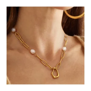 Minimalist 18k Gold Plated Stainless Steel Chain Pendant Necklaces for Women Fashion Freshwater Pearl Necklace Set Jewelry