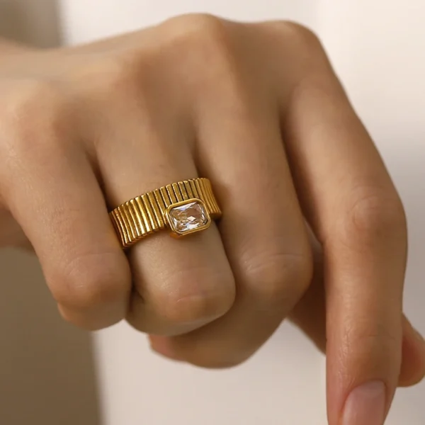 Retro 18k Gold Plated Stainless Steel Ridged Ring Gift Square White Cubic Zirconia Wedding Rings Jewelry Women - Image 5