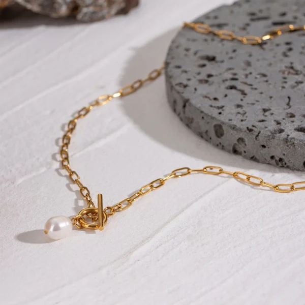 Fashion 18K Gold Plated Stainless Steel Paper Clip Chain Necklace Women Charm OT Button Freshwater Pearl Pendant Necklace - Image 3