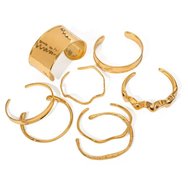 Tarnish Free Jewelry 18K Gold Plated Hammer Pattern Irregular Open Cuff Bangle Women Dainty Stainless Steel Charm Bracelets - Image 2