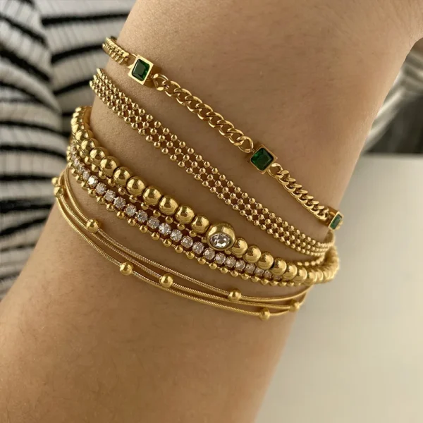 Minimalist 18k Gold Plated Layered Zircon Beads Chain Bracelet Women Stainless Steel Gemstone Cuban Snake Bracelet Jewelry - Image 2