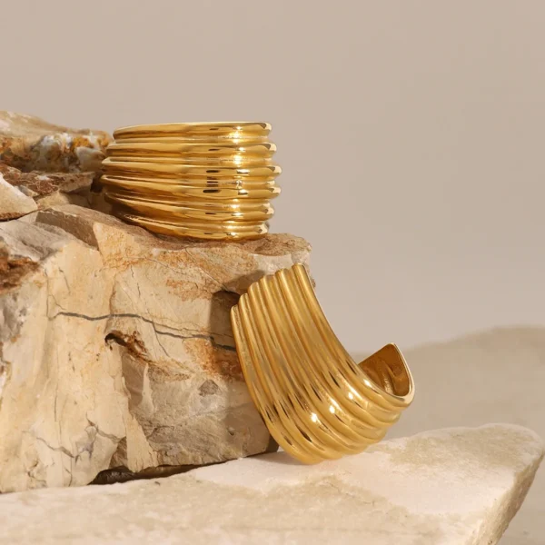 Design Jewelry  Classic Simple Cuff Earring 18k Gold Plated Stainless Steel Double C Texture Exaggerated Stud Earring Women - Image 2