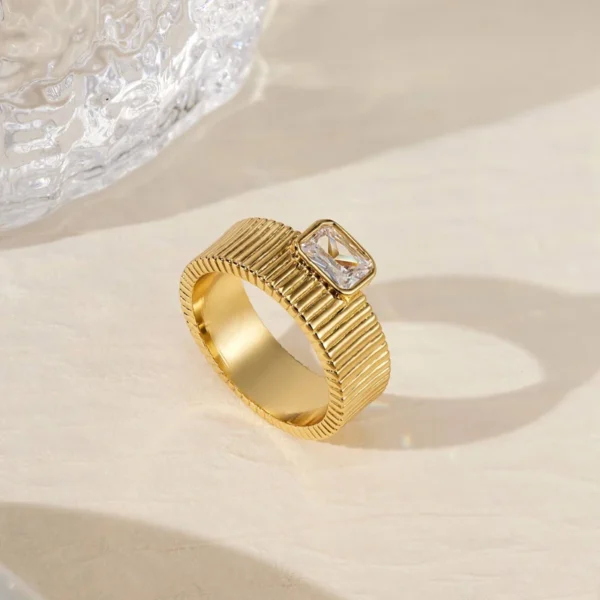 Retro 18k Gold Plated Stainless Steel Ridged Ring Gift Square White Cubic Zirconia Wedding Rings Jewelry Women - Image 2