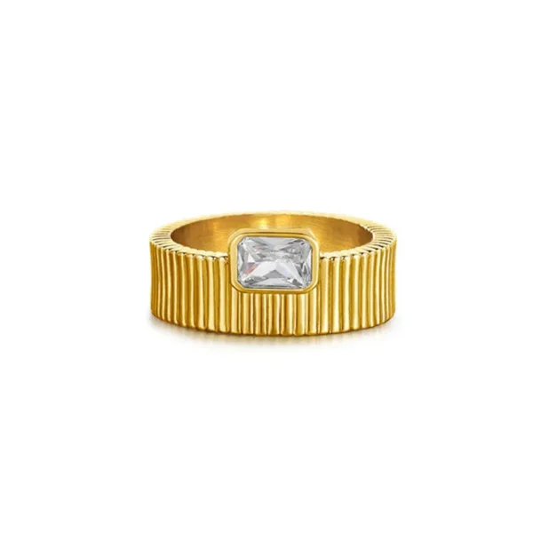 Retro 18k Gold Plated Stainless Steel Ridged Ring Gift Square White Cubic Zirconia Wedding Rings Jewelry Women