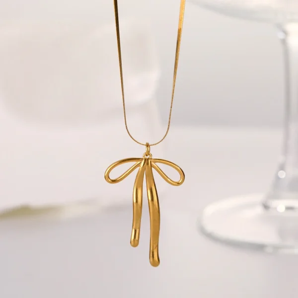 Trendy 18K Gold Plated Charm Bowknot Pendant Necklace Minimalist Snake Chain Stainless Steel Necklace for Women Girls - Image 3