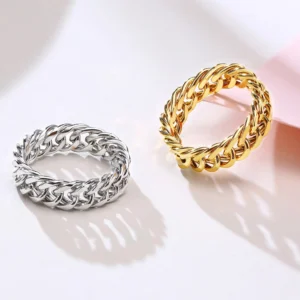 New Trendy Curb Chain Statement Ring Fashion Jewelry Women's 18K Gold Plated Stainless Steel Chunky Cuban Link Chain Rings