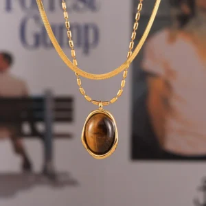 Minimalist 18k Gold Plated Titanium Steel Irregular Tiger Eye Stone Pendant Necklaces Women Personality Rice Bead Chain Jewelry