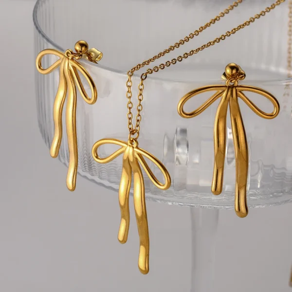 Trendy 18K Gold Plated Charm Bowknot Pendant Necklace Minimalist Snake Chain Stainless Steel Necklace for Women Girls - Image 5