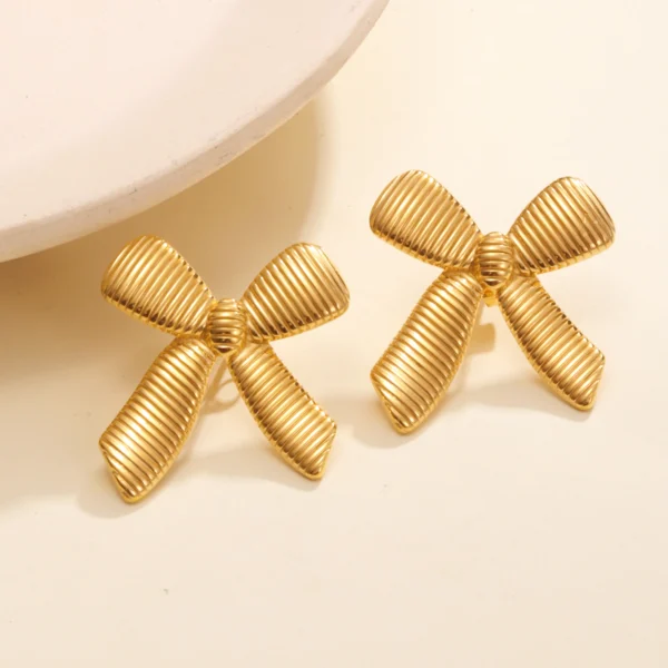 Minimalist 18K Gold Plated Bow Knot Stud Earrings for Women Dainty Stainless Steel Striped Ring Hypoallergenic  Jewelry - Image 3