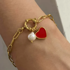 Waterproof 18k Gold Plated Enamel Heart Charm Bracelet Stainless Steel Paperclip Chain Pearl Bracelet Women Jewelry