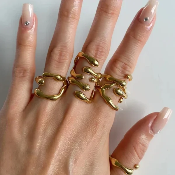 Minimalist 18k Gold Plated Stackable Rings Non Tarnish Vintage Stainless Steel Irregular Open Rings for Women - Image 5