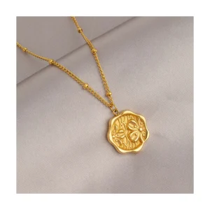Tarnish Free Jewelry 18k Gold Plated Engraved Cherry Flower Coin Necklaces Stainless Steel Bead Chain Charm Pendant Necklace