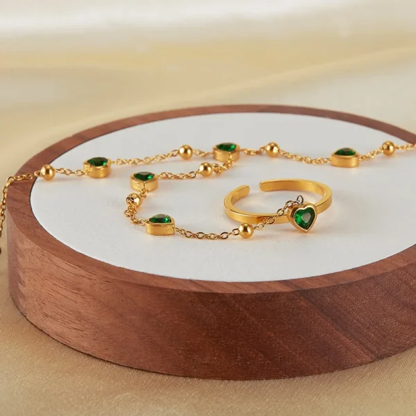 New Minimalist 18k Gold Plated Stainless Steel Adjustable Open Ring Fashion Jewelry Green Cz Heart Ring Bracelet Women - Image 6