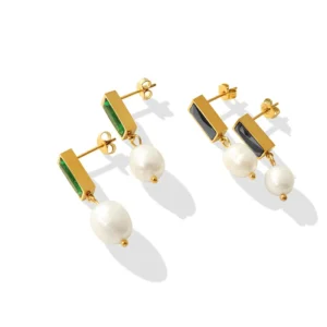 Tarnish Free 18k Gold Plated Rectangle Zirconia Freshwater Pearl Pendant Earring for Women Stainless Steel Stud Earring Jewelry