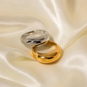 Trendy 18K Gold Plated Stainless Steel Wedding Promise Couples Ring Chunky Curved Smooth Round Statement Ring Women Jewelry