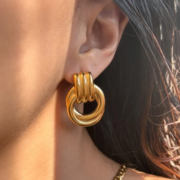 Minimalist French 18k Gold Plated Stainless Steel Stud Earrings Women Chunky Circle Thread Earrings Office Jewelry - Image 2