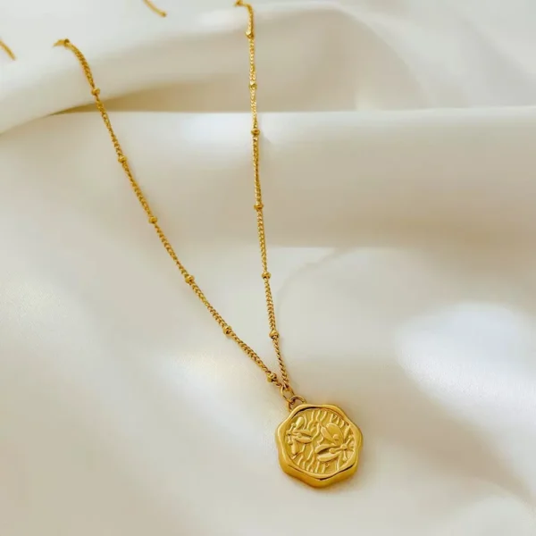 Tarnish Free Jewelry 18k Gold Plated Engraved Cherry Flower Coin Necklaces Stainless Steel Bead Chain Charm Pendant Necklace - Image 2