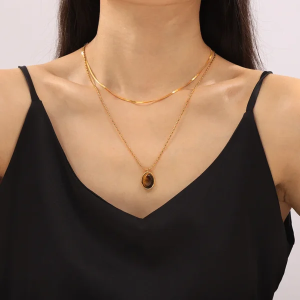Minimalist 18k Gold Plated Titanium Steel Irregular Tiger Eye Stone Pendant Necklaces Women Personality Rice Bead Chain Jewelry - Image 2