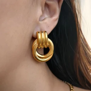 Minimalist French 18k Gold Plated Stainless Steel Stud Earrings Women Chunky Circle Thread Earrings Office Jewelry