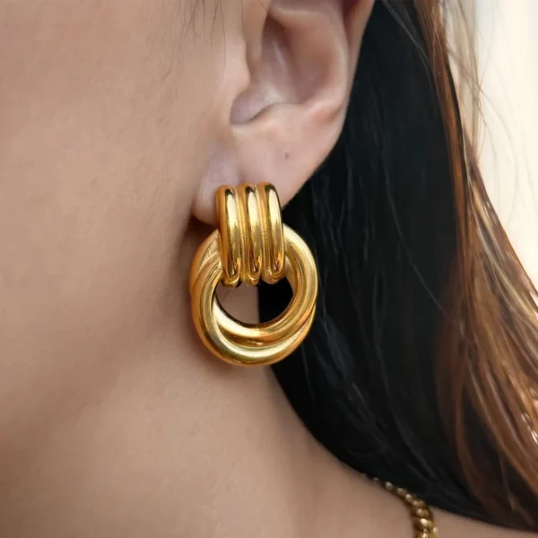 Minimalist French 18k Gold Plated Stainless Steel Stud Earrings Women Chunky Circle Thread Earrings Office Jewelry