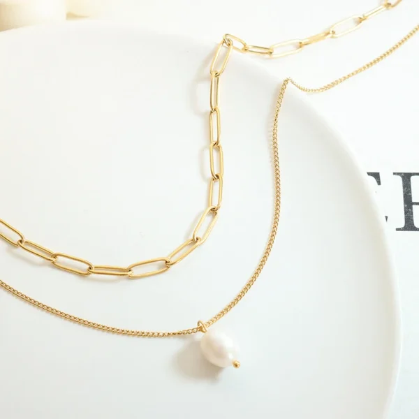 Dainty 18k Gold Plated Stainless Steel Layered Paper Clip Chain Choker Necklace for Women Minimalist Freshwater Pearl Necklace - Image 5