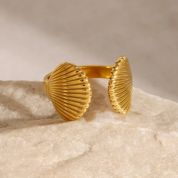 Minimalist Shell Rings Jewelry 18K Gold Plated Stainless Steel Open Adjustable No Fading Waterproof Ring for Women - Image 4