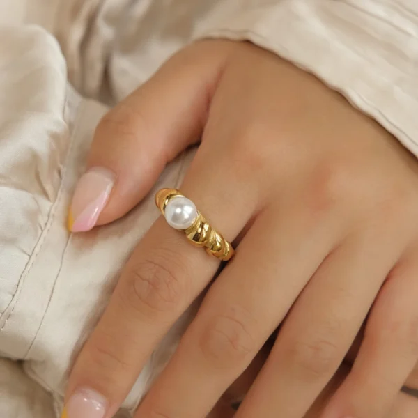 Vintage 18k Gold Plated Stainless Steel Twisted Rings Wedding Jewelry Women Minimalist Pearl Ring Tarnish Free - Image 5
