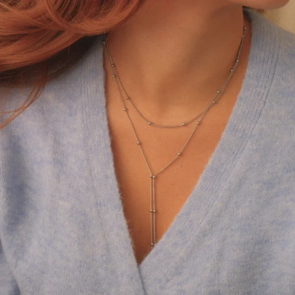Minimalist Stainless Steel 18k Gold Plated Beaded Necklaces for Women Waterproof Double Layered Chain Lariat Necklace Jewelry - Image 3