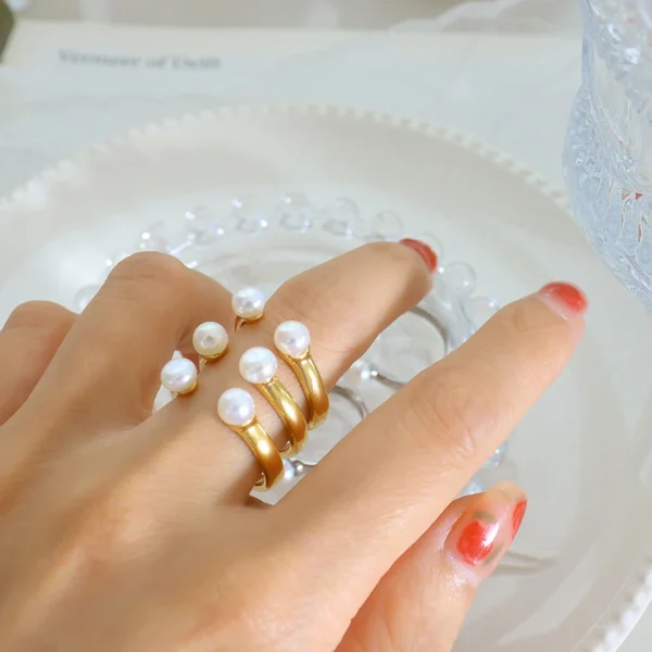 2023 Open Pearl Wedding Rings for Girls Fashion Women 18k Gold Plated Stainless Steel Ring Tarnish Free Jewelry - Image 5
