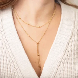 Minimalist Stainless Steel 18k Gold Plated Beaded Necklaces for Women Waterproof Double Layered Chain Lariat Necklace Jewelry