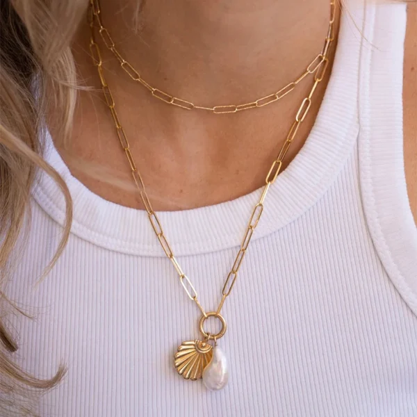 Non Tarnish Stainless Steel Round Push Clasp Necklace Charm 18k Gold Plated Paperclip Chain Necklace for Women - Image 6