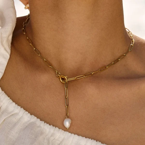 Non Tarnish 18K Gold Plated Stainless Steel Paperclip Chain Necklace for Women Minimalist Freshwater Pearl Necklace Jewelry