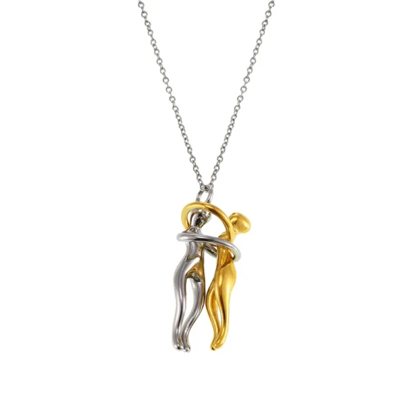 Minimalist Gold Plated Stainless Steel Unique Design Gold and Silver Two-tone Hugging Pendant Necklaces Lovers Gift