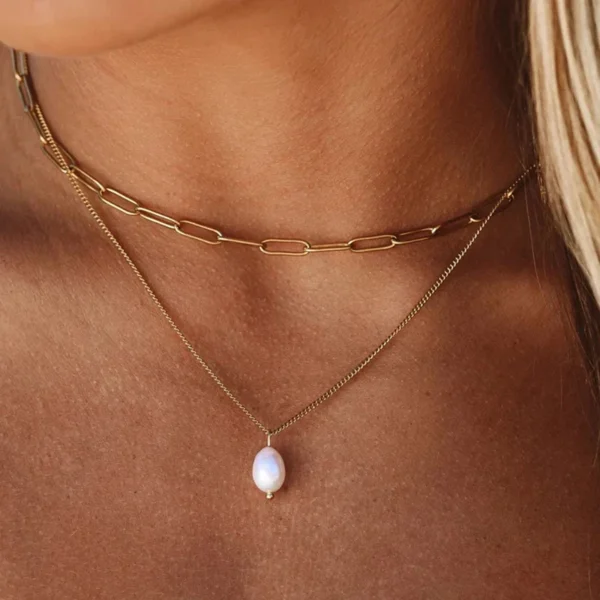 Dainty 18k Gold Plated Stainless Steel Layered Paper Clip Chain Choker Necklace for Women Minimalist Freshwater Pearl Necklace - Image 2