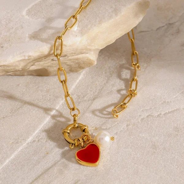 Waterproof 18k Gold Plated Enamel Heart Charm Bracelet Stainless Steel Paperclip Chain Pearl Bracelet Women Jewelry - Image 5