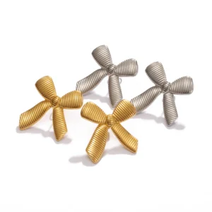 Minimalist 18K Gold Plated Bow Knot Stud Earrings for Women Dainty Stainless Steel Striped Ring Hypoallergenic  Jewelry