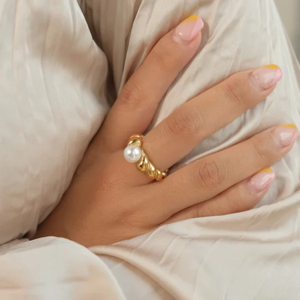 Vintage 18k Gold Plated Stainless Steel Twisted Rings Wedding Jewelry Women Minimalist Pearl Ring Tarnish Free - Image 6