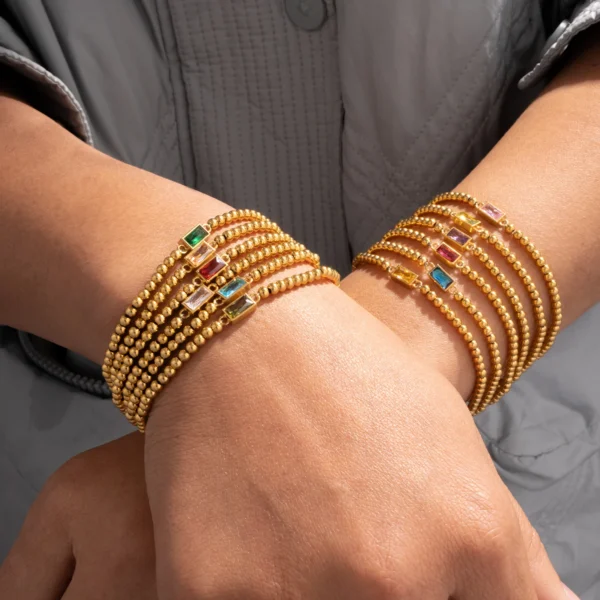 Dainty 18k Gold Plated Beaded Zircon Birthstone Bracelet for Women Waterproof Stainless Steel Beads Bracelets - Image 4