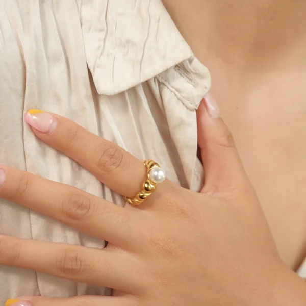 Vintage 18k Gold Plated Stainless Steel Twisted Rings Wedding Jewelry Women Minimalist Pearl Ring Tarnish Free - Image 4