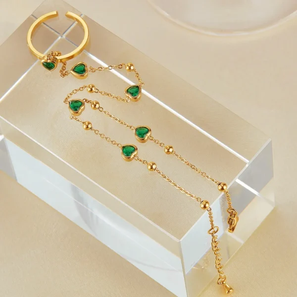 New Minimalist 18k Gold Plated Stainless Steel Adjustable Open Ring Fashion Jewelry Green Cz Heart Ring Bracelet Women - Image 5