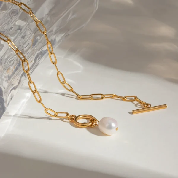 Fashion 18K Gold Plated Stainless Steel Paper Clip Chain Necklace Women Charm OT Button Freshwater Pearl Pendant Necklace - Image 2
