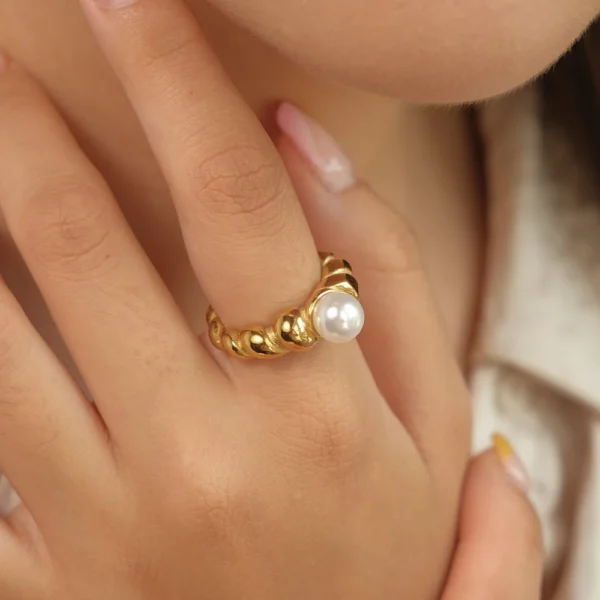 Vintage 18k Gold Plated Stainless Steel Twisted Rings Wedding Jewelry Women Minimalist Pearl Ring Tarnish Free - Image 3