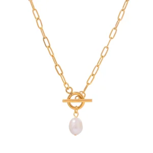 Fashion 18K Gold Plated Stainless Steel Paper Clip Chain Necklace Women Charm OT Button Freshwater Pearl Pendant Necklace