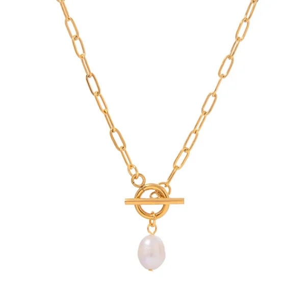 Fashion 18K Gold Plated Stainless Steel Paper Clip Chain Necklace Women Charm OT Button Freshwater Pearl Pendant Necklace