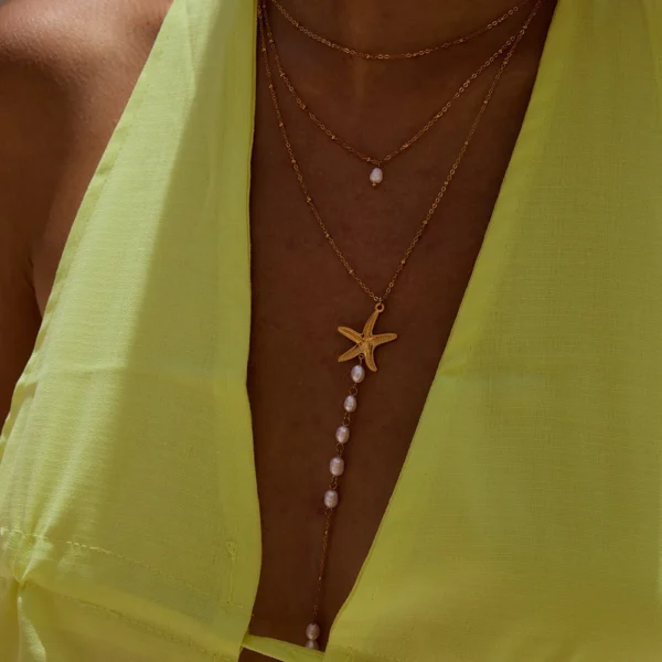 Bohemian 18K Gold Plated Stainless Steel Layered Necklace for Women Minimalist Freshwater Pearl Pendant Necklace Jewelry