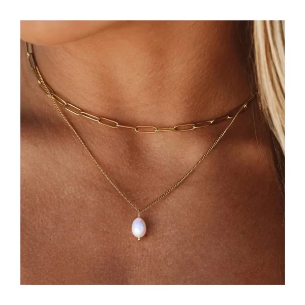 Dainty 18k Gold Plated Stainless Steel Layered Paper Clip Chain Choker Necklace for Women Minimalist Freshwater Pearl Necklace