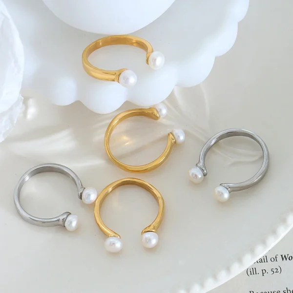 2023 Open Pearl Wedding Rings for Girls Fashion Women 18k Gold Plated Stainless Steel Ring Tarnish Free Jewelry - Image 3