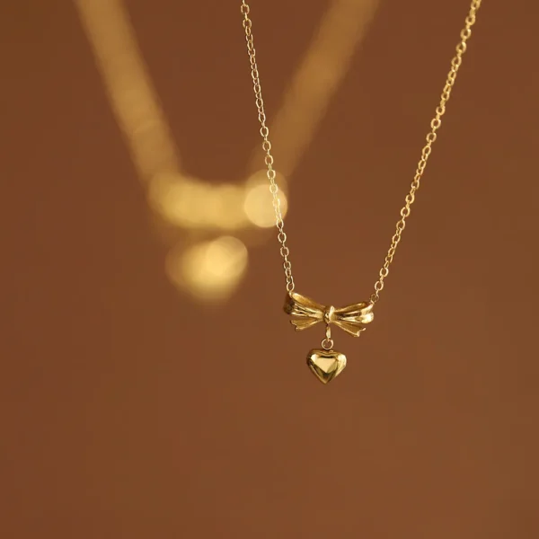 18K Gold Plated Stainless Steel Heart Charms Bow Ties Pendant Bow Necklace Women Charm Bow Pendant Necklace for Girls - Image 5